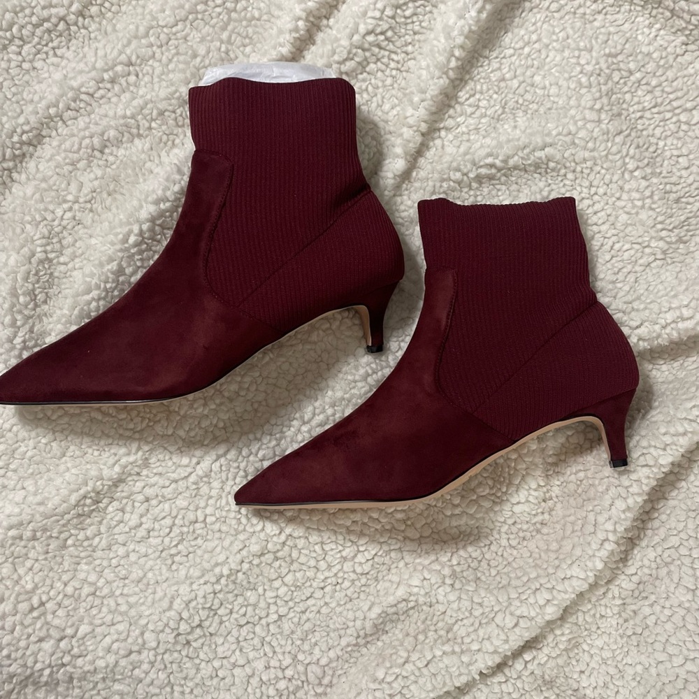Cute kitten heel suede and knit ankle boots.